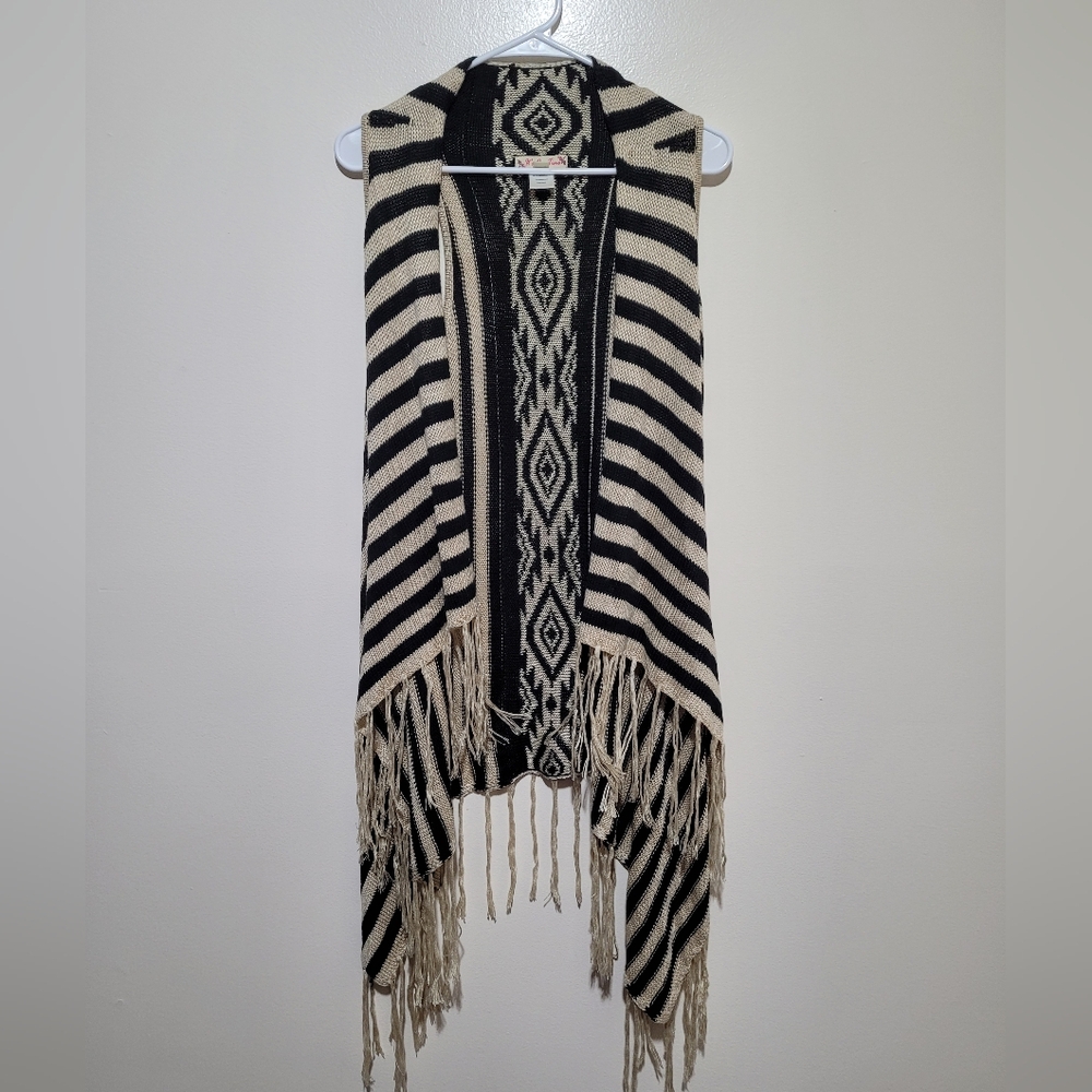 It's Our Time Black and‎ Cream Knit Western Aztec Print Fringe Vest
